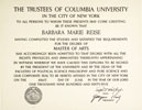 Barbara Reise's MA certificate